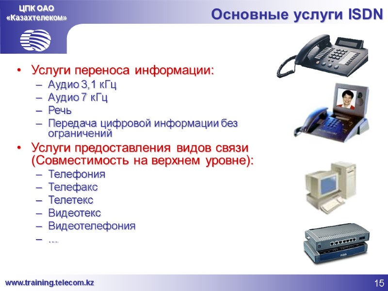 ЦПК ОАО «Казахтелеком» Основные услуги ISDN Услуги переноса информации: Аудио 3,1 кГц Аудио 7